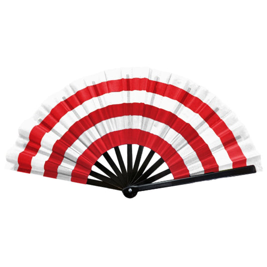 "Red and white Delta Sigma Theta folding hand fan with bold stripes, perfect for strolling, step shows, and sorority events."