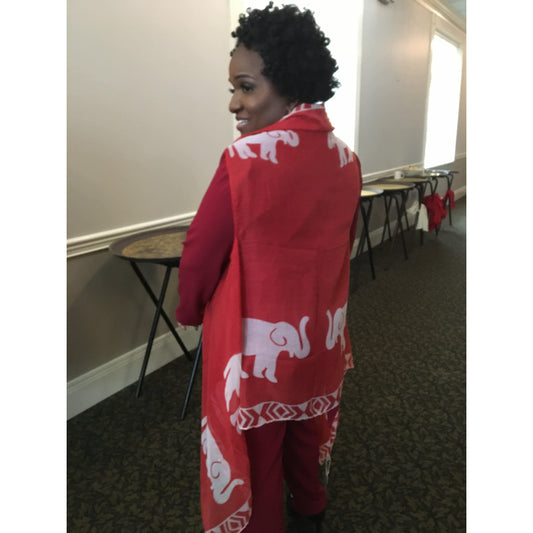 "Red and white elephant print chiffon vest for DST, AKA, and Divine Nine members – elegant trunk-up design, fits sizes S-XL."