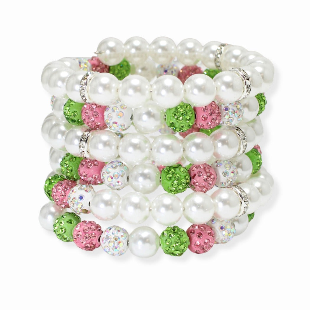 Elegant AKA Sorority Bracelet Featuring Smooth White Pearls and Sparkling Green & Pink Rhinestones – Ideal for Formal Events or Everyday Wear.