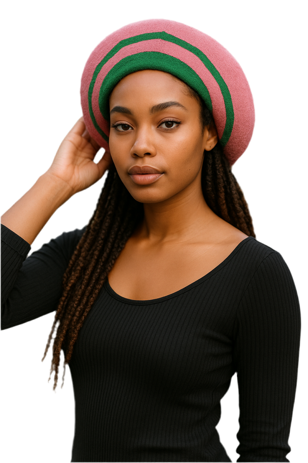 Retro Striped Beret Hat for Women - Pink and Green Acrylic Slouchy Beanie