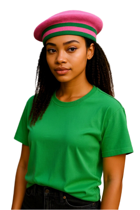 Retro Striped Beret Hat for Women - Pink and Green Acrylic Slouchy Beanie
