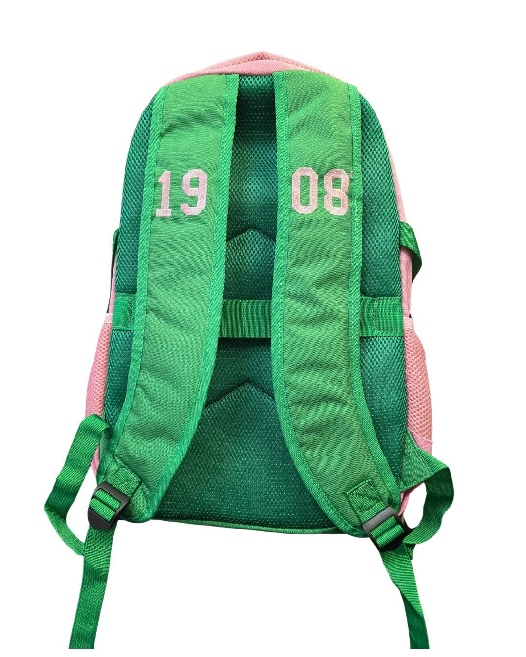 Green and pink backpack with numbers on a white background