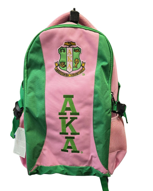 Pink and green backpack with AKA logo on a white background