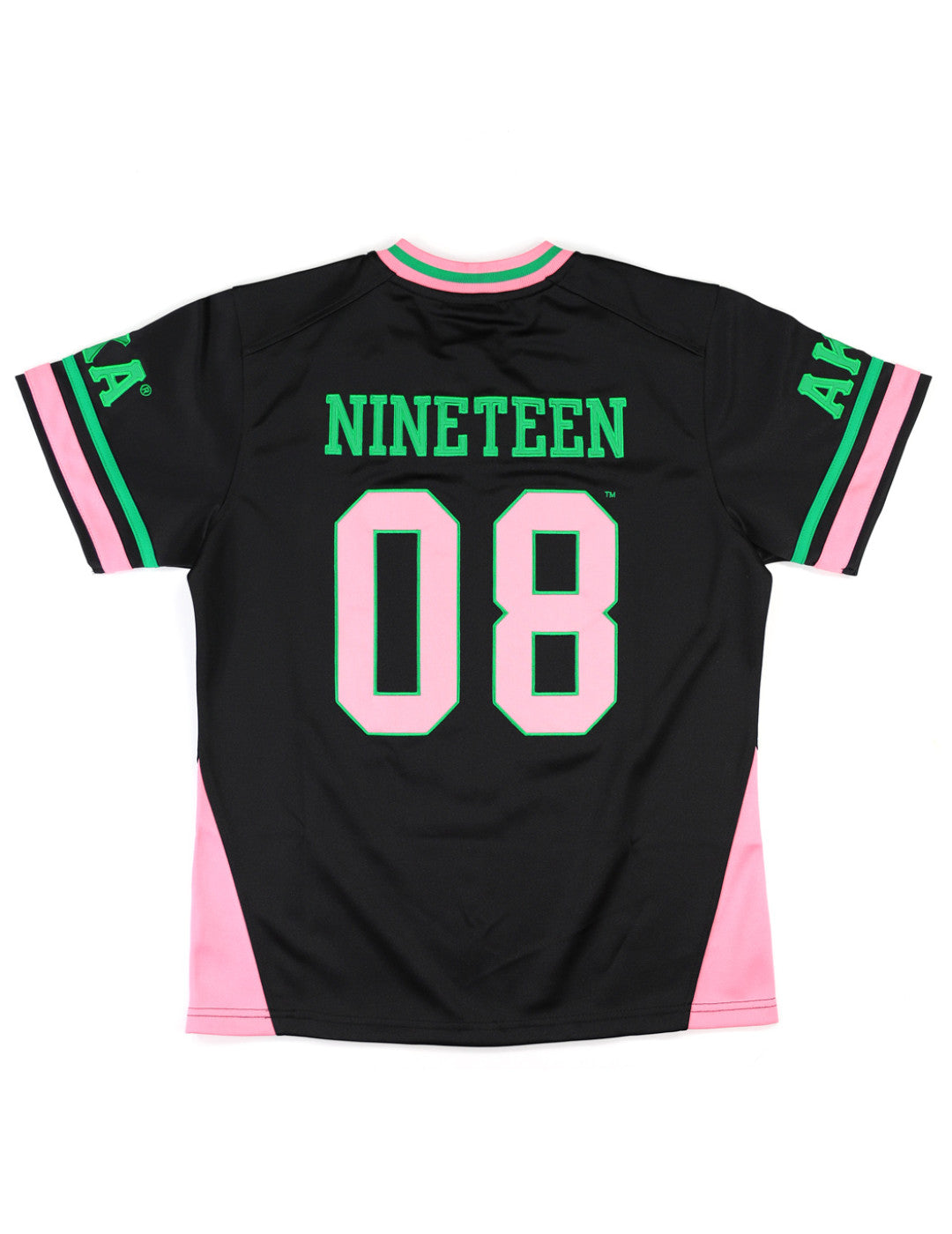 Stylish AKA sorority football jersey with front embroidery and shoulder logos, made from 100% polyester for comfort and durability."