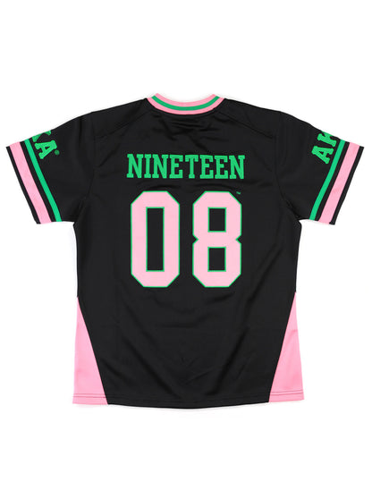 Stylish AKA sorority football jersey with front embroidery and shoulder logos, made from 100% polyester for comfort and durability."