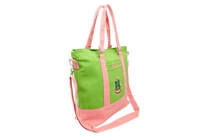 Side view of Alpha Kappa Alpha Apple Green & Pink tote bag 