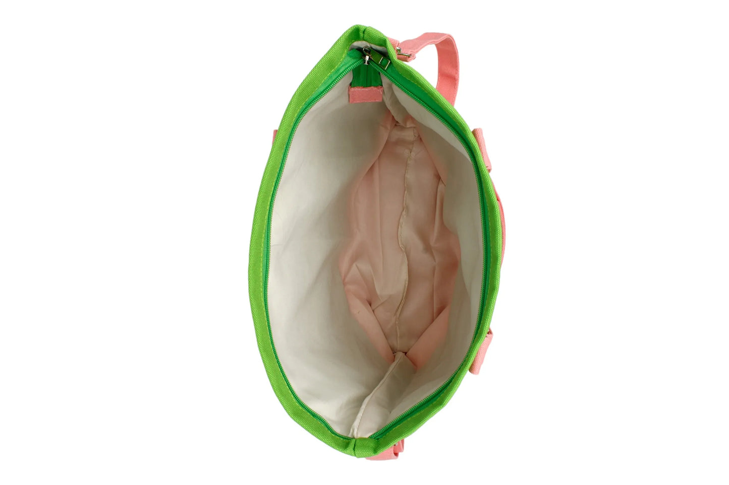A shot of the tote bag's interior, highlighting the spacious compartment and front pocket.