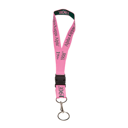 An Alpha Kappa Alpha lanyard in their signature pink color, featuring the sorority's name and founding year.