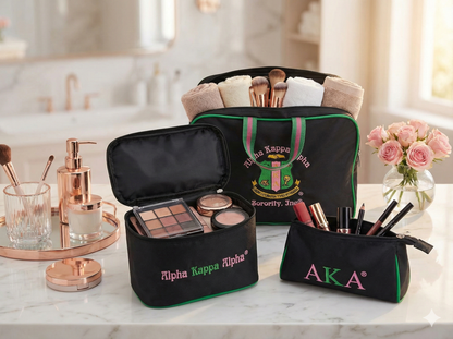A three-piece black cosmetic bag set representing Alpha Kappa Alpha sorority. The set includes a large rectangular toiletry bag with the full sorority crest and handles, a medium boxy makeup case with "Alpha Kappa Alpha" script, and a small zipper pouch with "AKA" letters. All bags feature signature pink and green embroidery and trim on a black background.