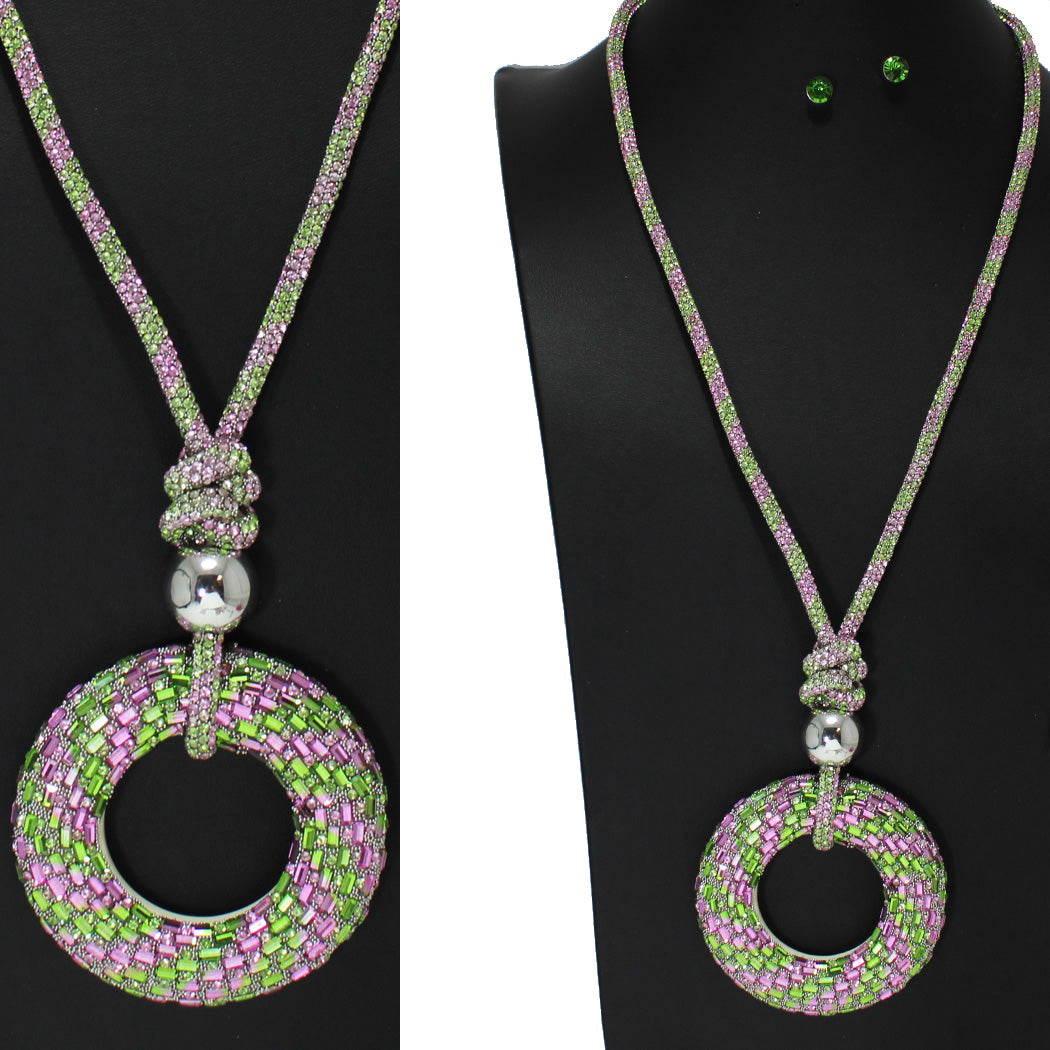 Blingy Pink and Green Rhinestone Pendant Necklace Set