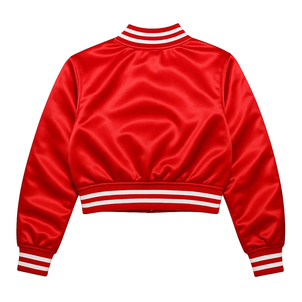 Close-up of a red satin cropped Delta Sigma Theta Sorority varsity jacket with white trim and embroidered crest back view.