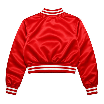 Close-up of a red satin cropped Delta Sigma Theta Sorority varsity jacket with white trim and embroidered crest back view.