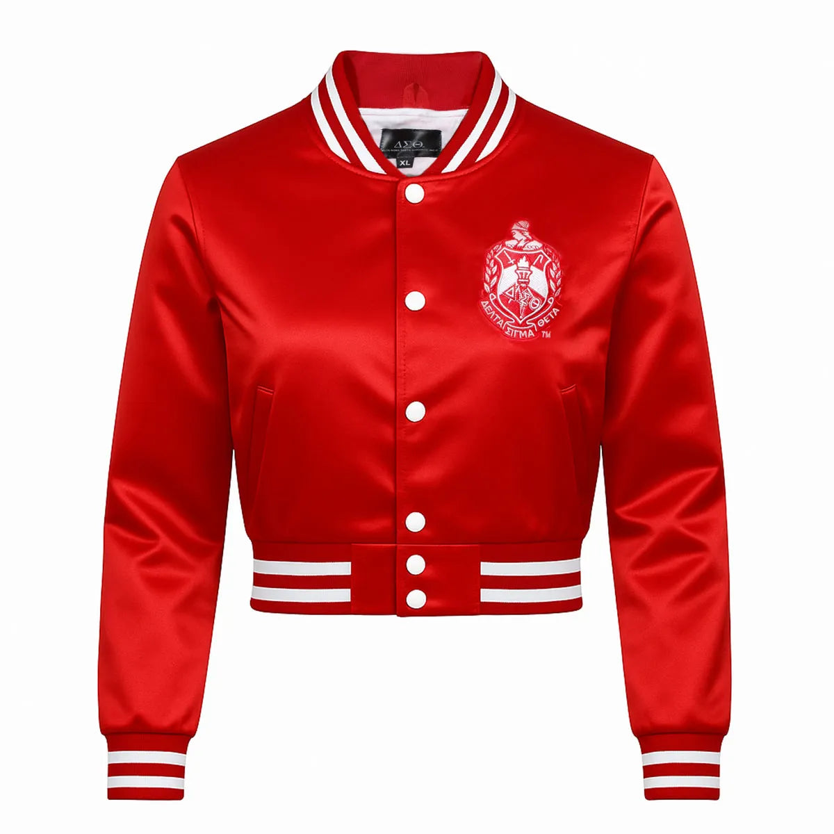 Red satin cropped  jacket with white Delta Sigma Theta sorority crest embroidery and striped trim

