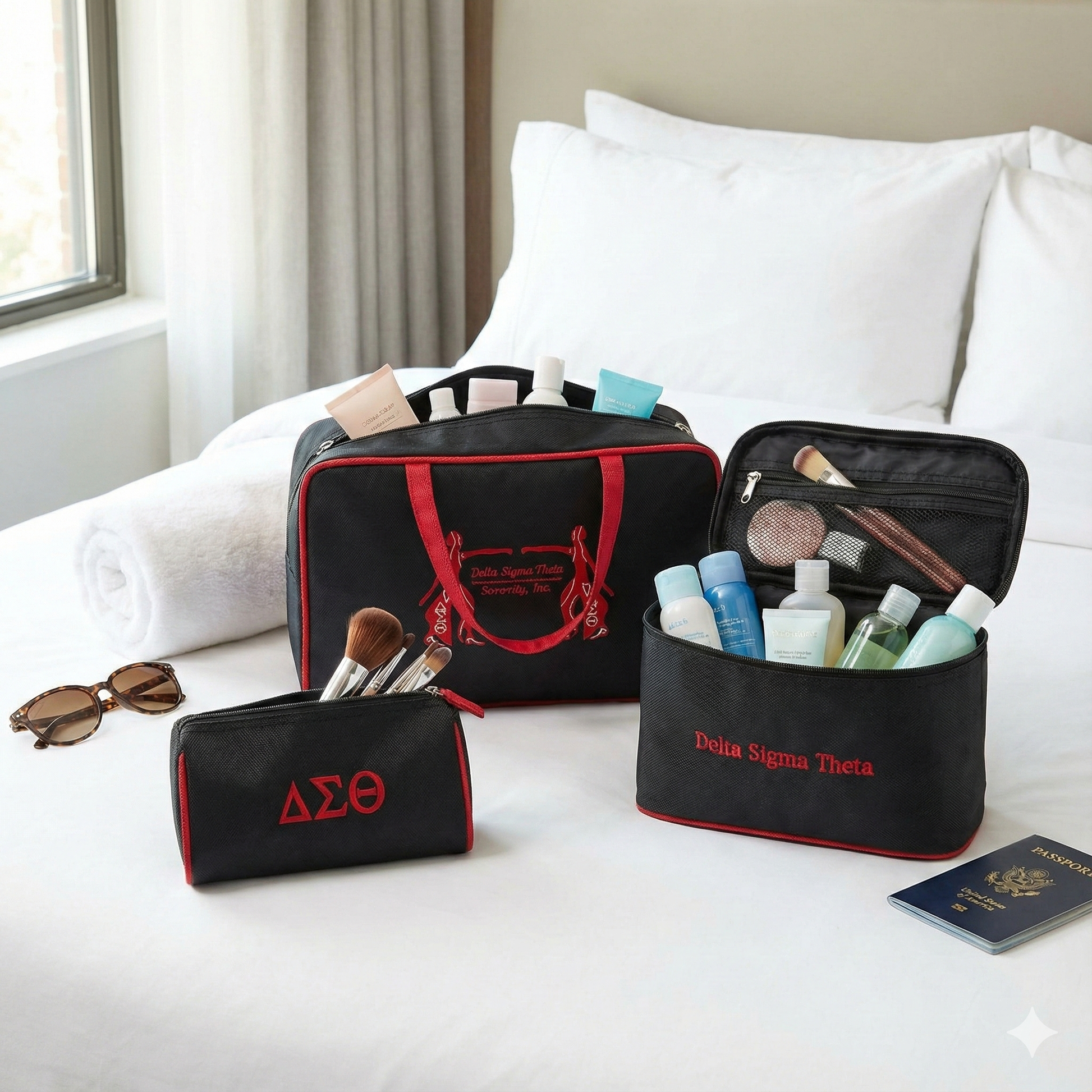 Delta Sigma Theta 3-piece black canvas toiletry bag set displayed on a hotel bed, featuring a small pouch with red Greek letters, a large travel case, and an open medium cosmetic bag with "Delta Sigma Theta" red script embroidery filled with toiletries.
