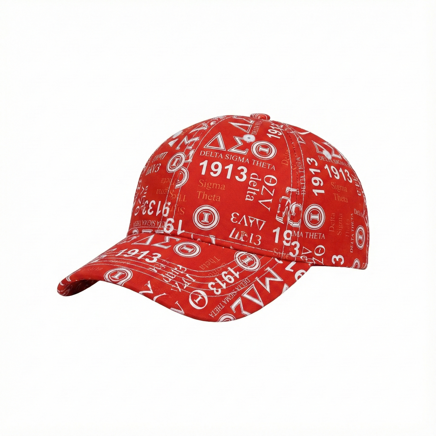 Crimson red Delta Sigma Theta baseball cap featuring all-over white 1913 and DST Greek letter graffiti print for sorority members.