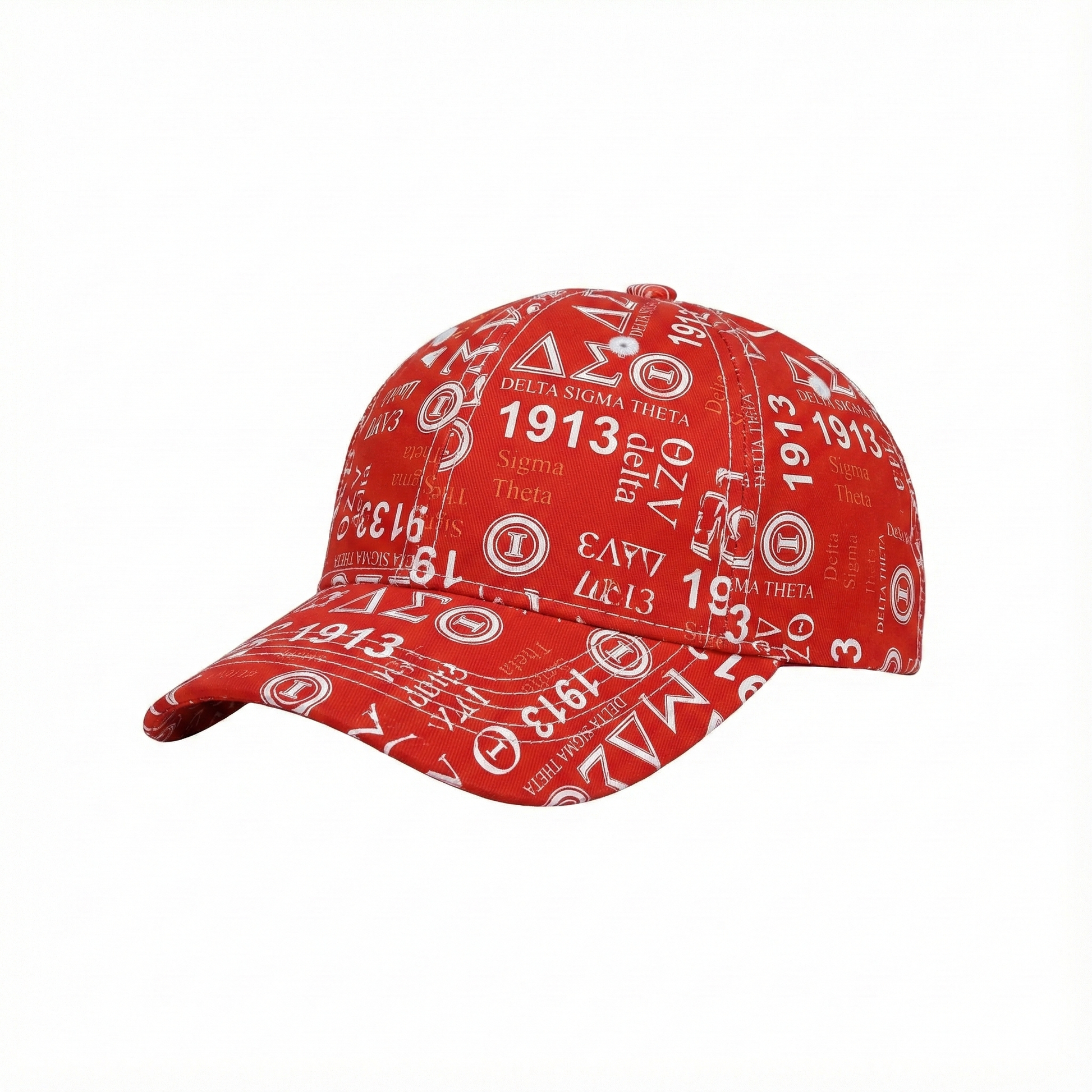 Crimson red Delta Sigma Theta baseball cap featuring all-over white 1913 and DST Greek letter graffiti print for sorority members.