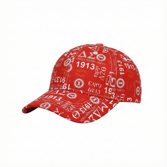 Crimson red Delta Sigma Theta baseball cap featuring all-over white 1913 and DST Greek letter graffiti print for sorority members.