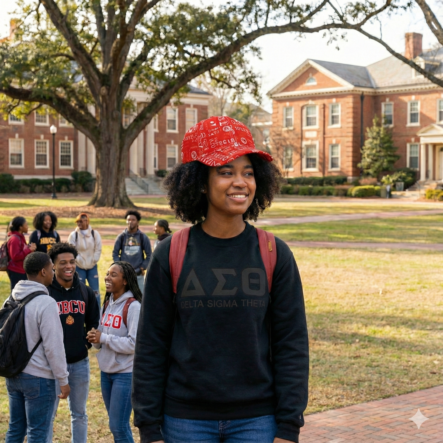 Black female HBCU student wearing a crimson Delta Sigma Theta baseball cap with white 1913 graffiti print and a black sorority shirt on campus.