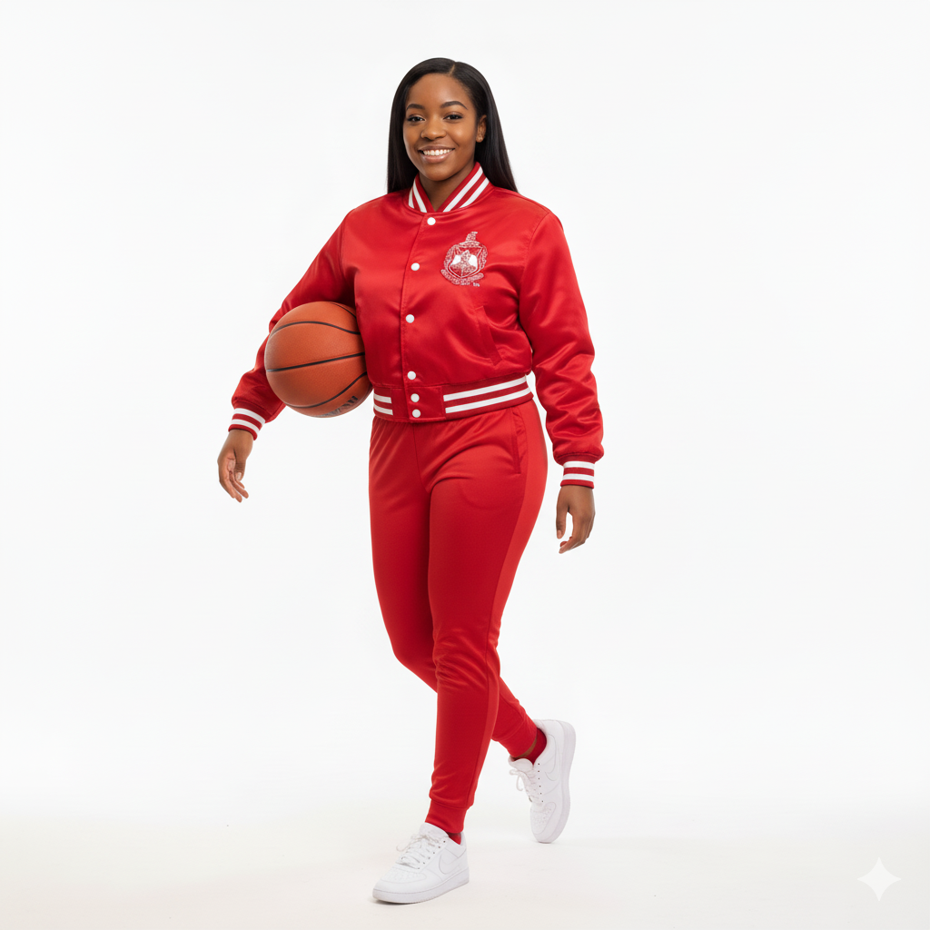 Young Black woman in a red satin varsity jacket and red  track pants holding a basketball and smiling, promoting Delta Sigma Theta

