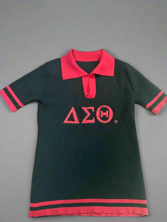 Black ribbed knit polo shirt featuring red Delta Sigma Theta (ΔΣΘ) Greek letters, a red collar, and striped cuffs and hem. 