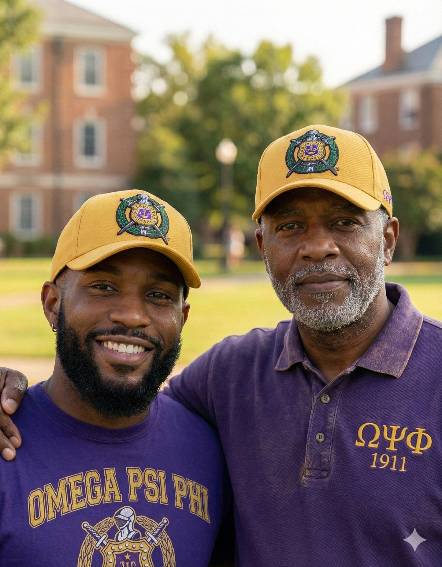 Two men wearing Omega Psi Phi shirts and cold caps in front of a building.