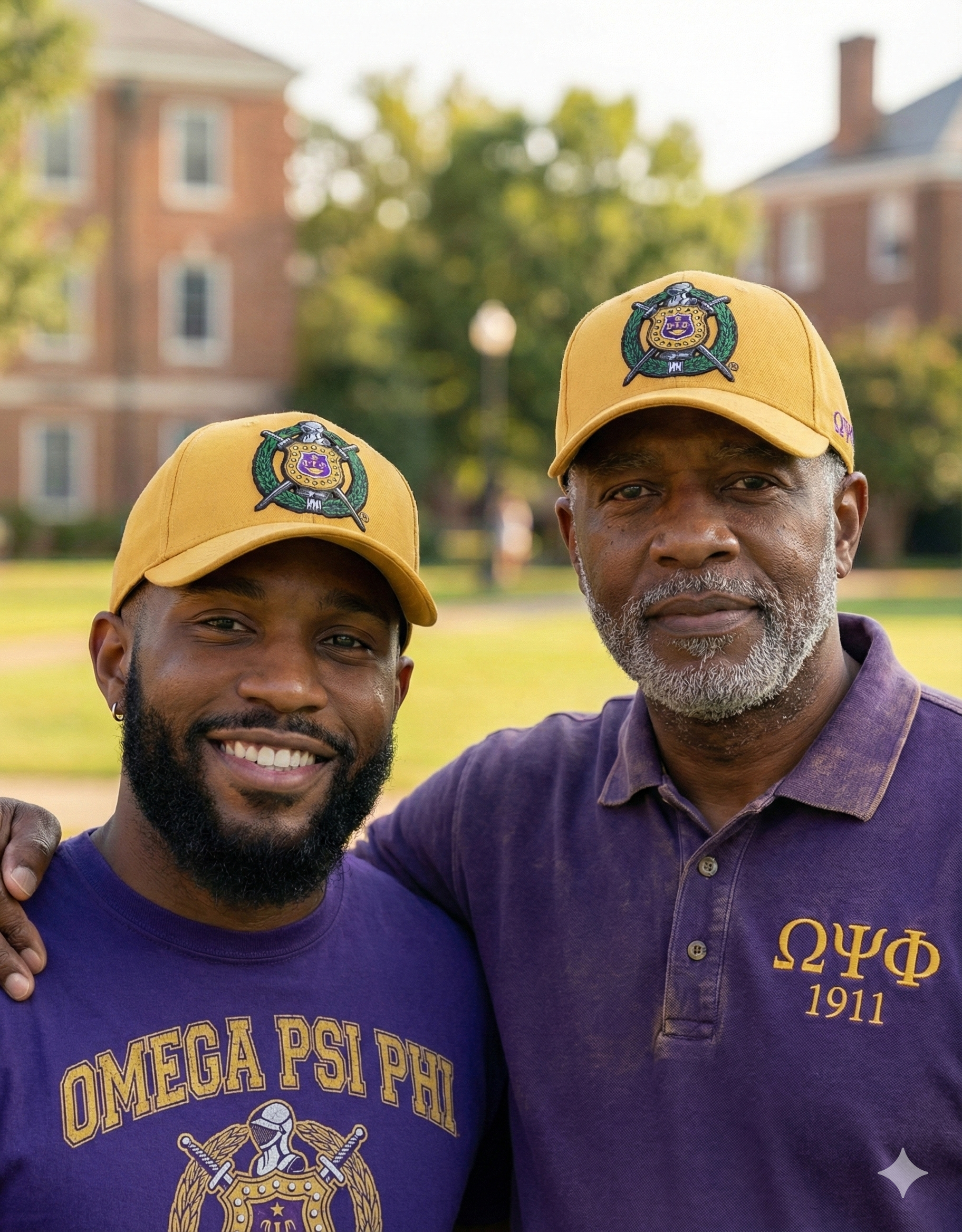 Two men wearing Omega Psi Phi shirts and cold caps in front of a building.