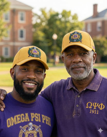 Two men wearing Omega Psi Phi shirts and cold caps in front of a building.
