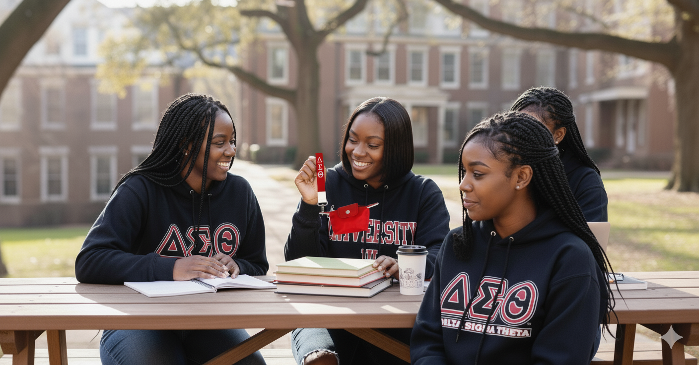 Diverse group of female students studying outdoors, one holding a red DST sorority wristlet.