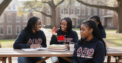 Diverse group of female students studying outdoors, one holding a red DST sorority wristlet.