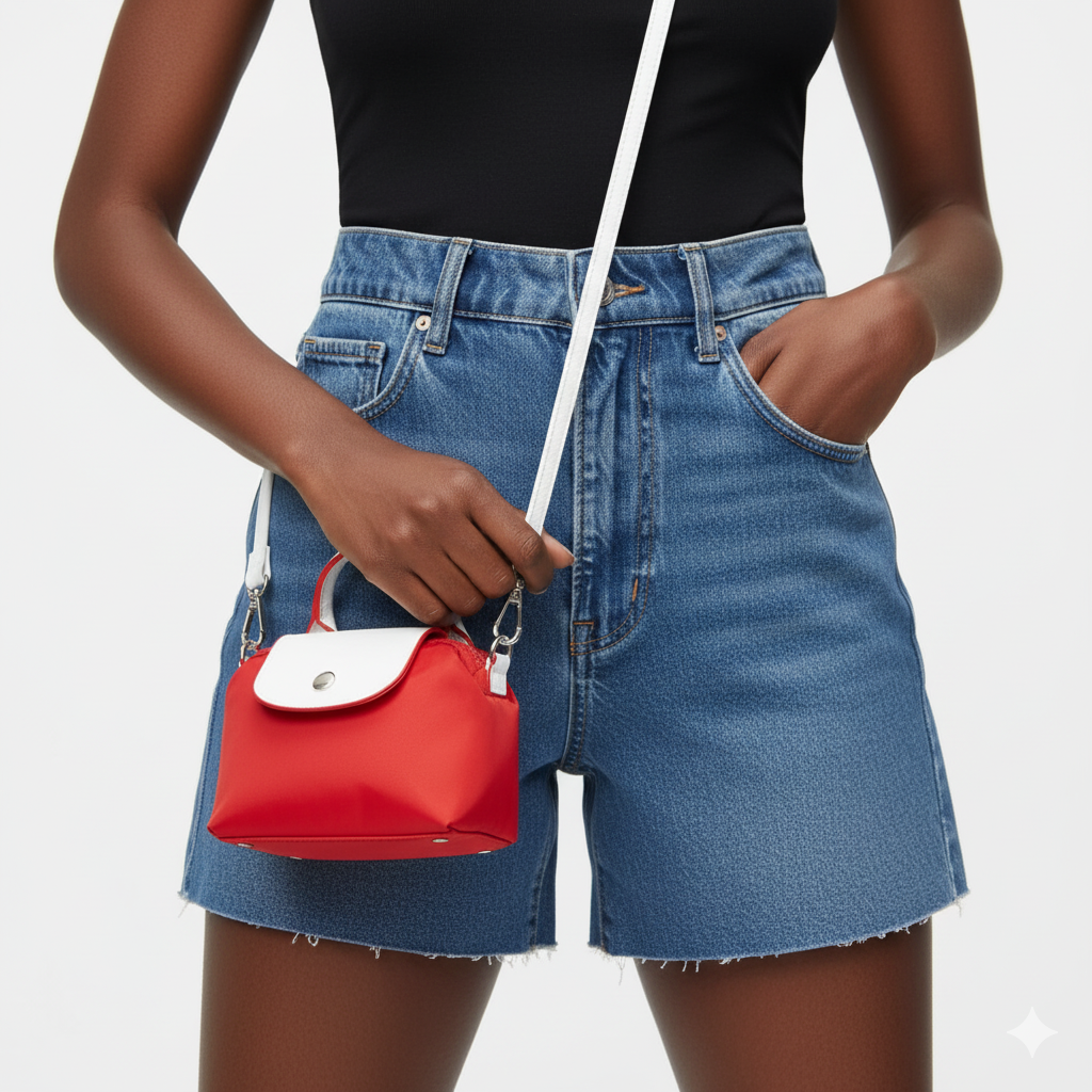 DST Sorority red and white mini crossbody bag worn by a woman, showing the adjustable strap and compact size.