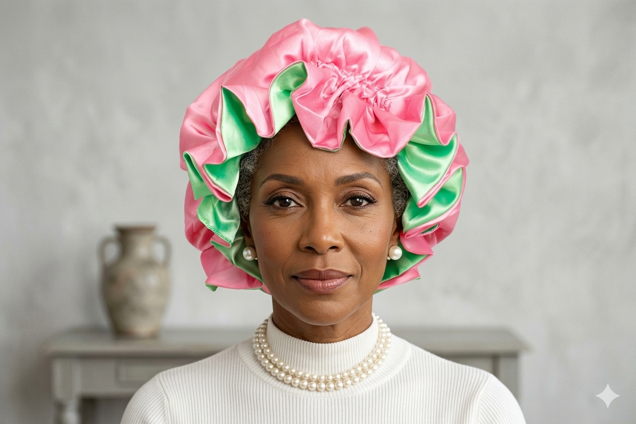 AKA Pink & Green Satin Bonnet: Overnight Silk-Lined Hair Protector