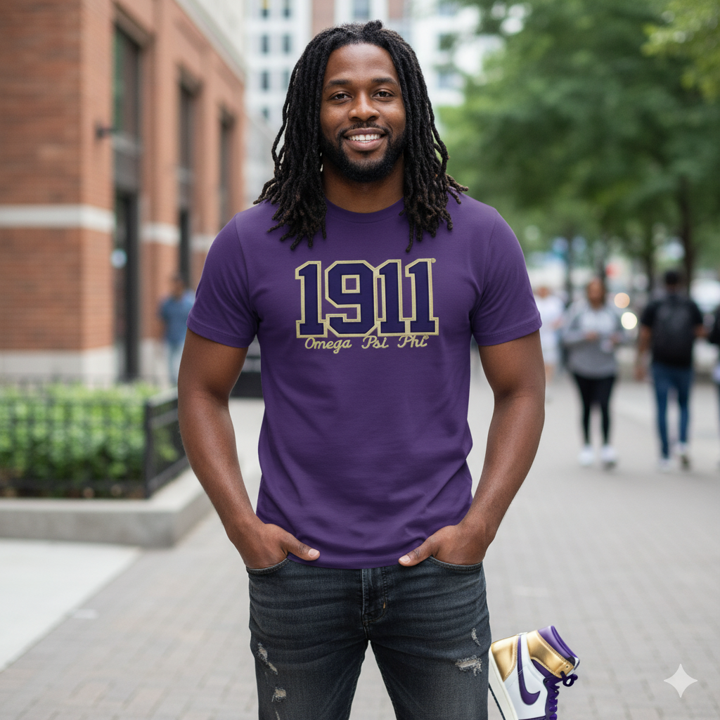 Omega psi phi man wearing a purple short sleeve greek paraphernalia shirt with the 1911 patch