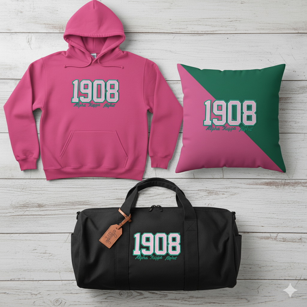 Pink hoodie, black duffel bag, and green pillow with '1908' design using a patch