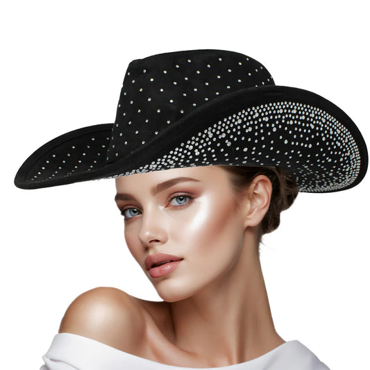 "Black rhinestone cowboy hat with sparkling crystal embellishments on soft faux suede, perfect for Western fashion and festivals."