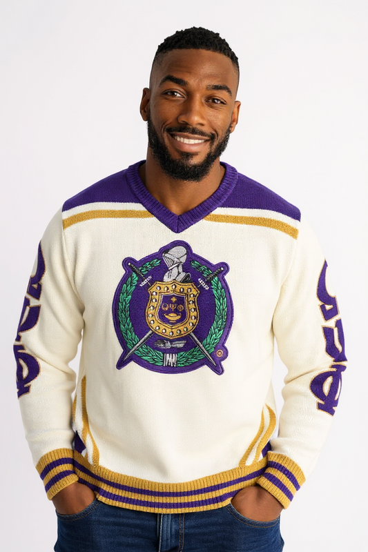 Omega Psi Phi Letterman Sweater | Ivory V-Neck with Embroidery