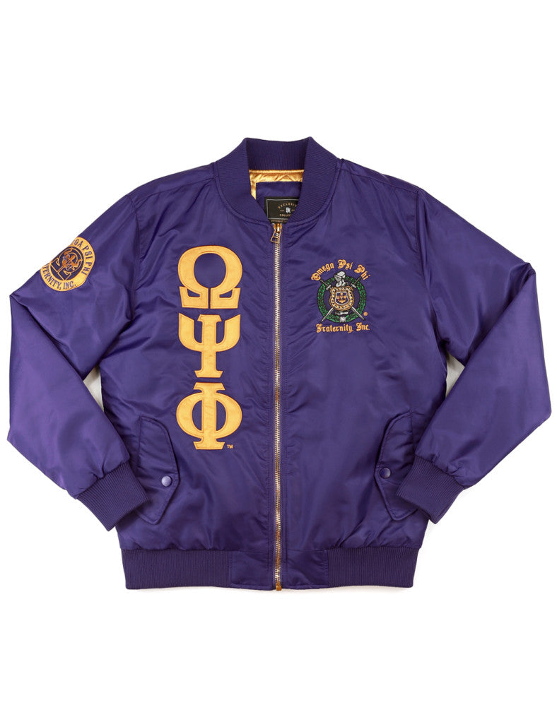 Omega Psi Phi Fraternity bomber jacket in purple with gold embroidery.