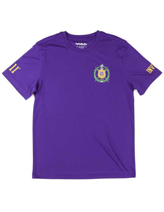 Purple t-shirt with the Omega Psi Phi Shield and Invictus & 1911 on the short sleeve. 