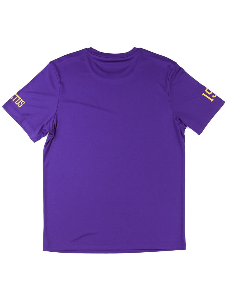 Back view of purple shirt with invictus & 111 on the sleeve.