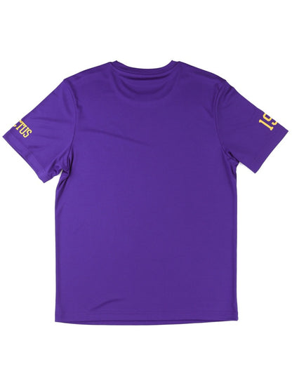 Back view of purple shirt with invictus & 111 on the sleeve.