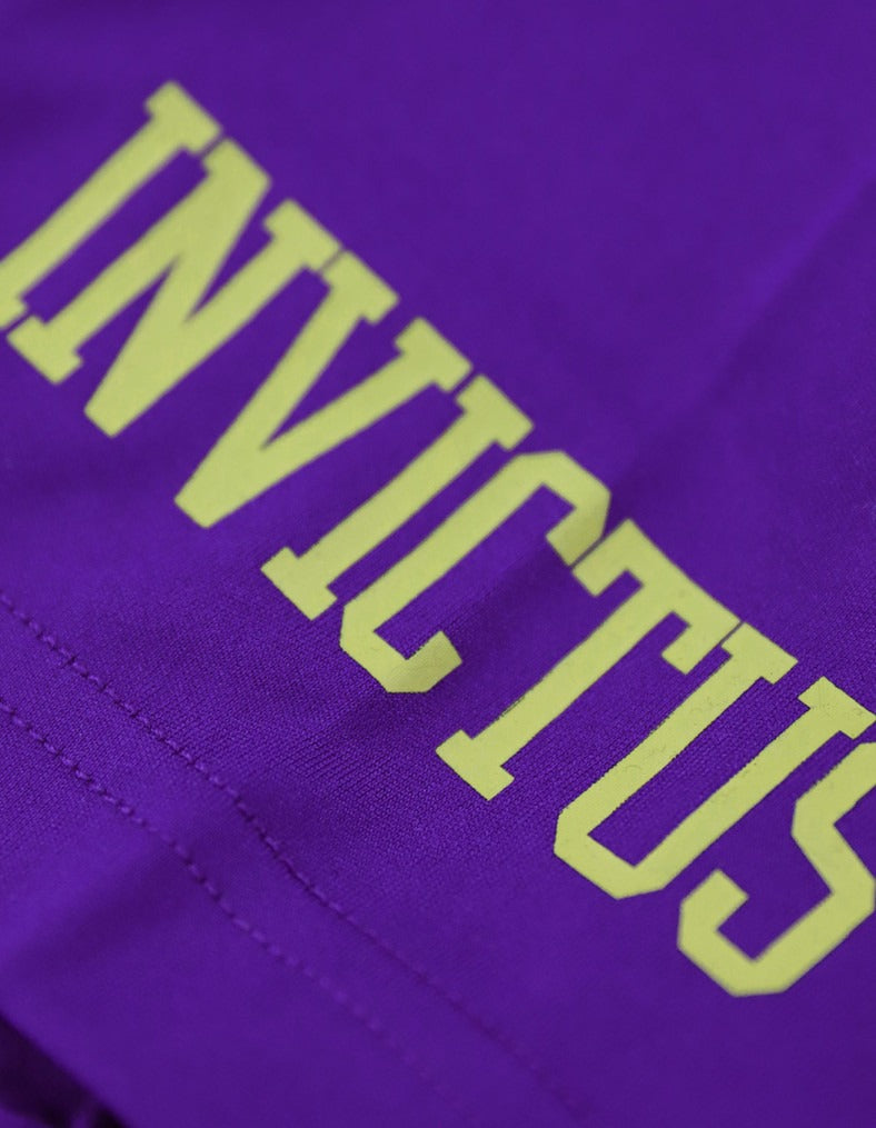 Purple fabric with 'INVICTUS' text in green