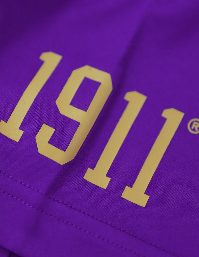 Purple fabric with gold '1911' text on a purple background