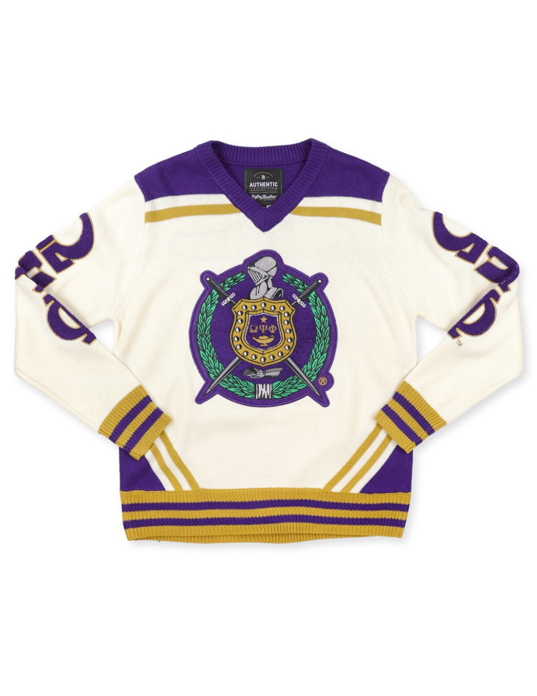 Omega Psi Phi Letterman Sweater | Ivory V-Neck with Embroidery