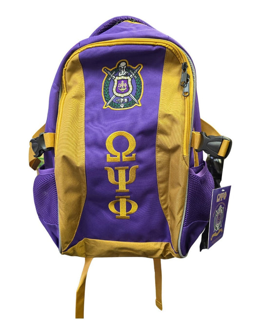 Purple and gold backpack with Omega Psi Phi symbols on a white background