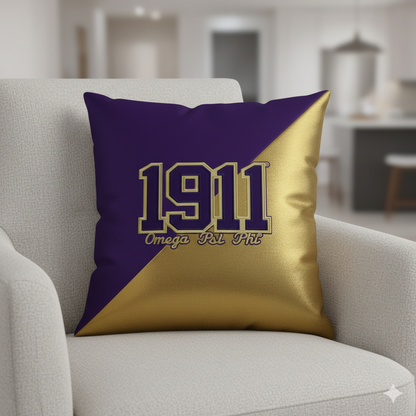 Purple and Gold block lettering patch for Omega Psi Phi fraternity gear and Greek paraphernalia. gold & purple split pillow.