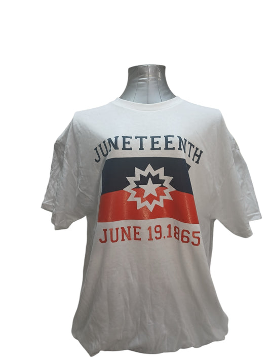 "Juneteenth T-shirt with MLK quote ‘None are free until all are free’ & official red, white, blue flag design – sizes S-2XL"