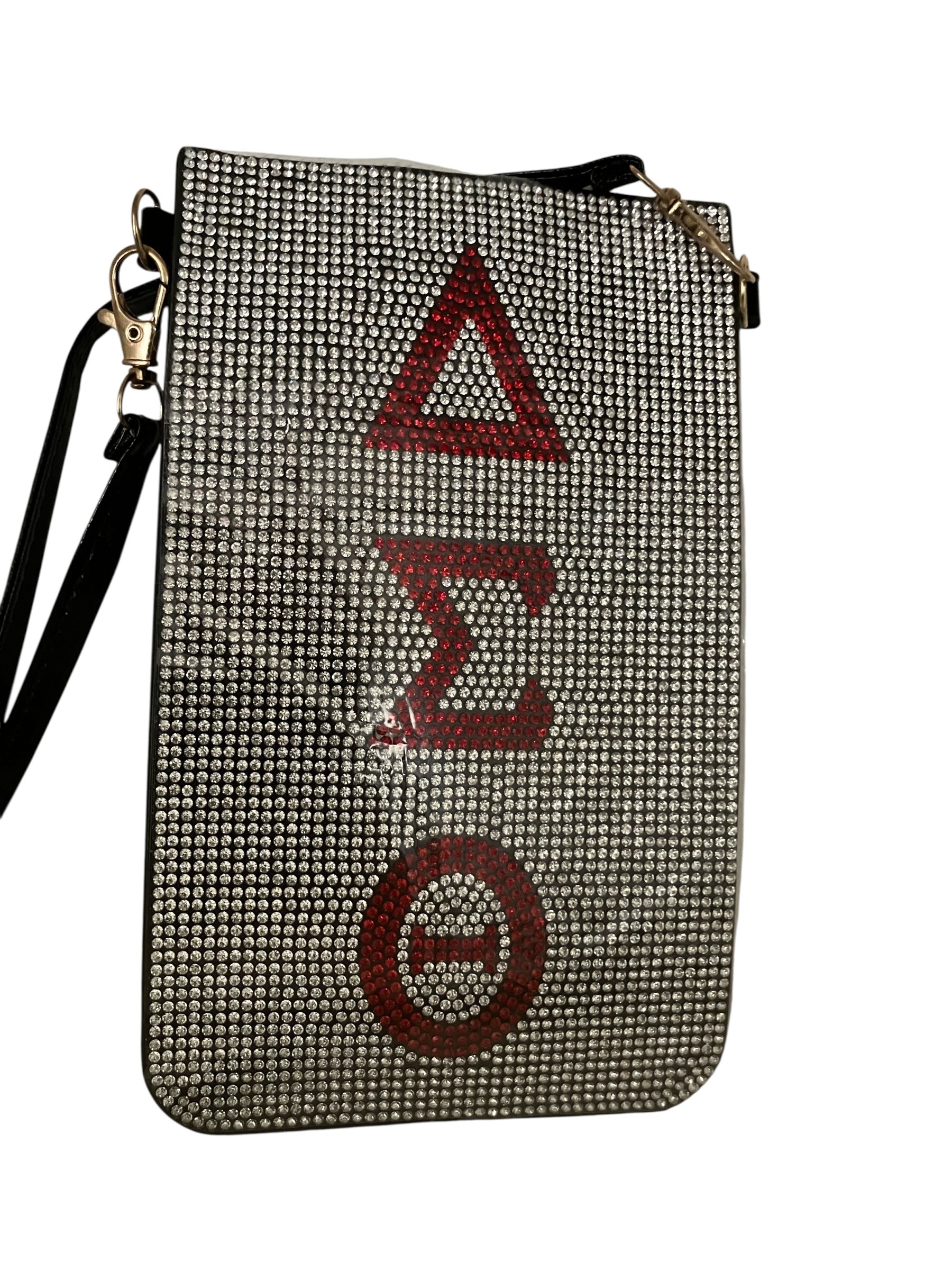 "Sparkly DST sorority purse with red letter rhinestones on black crossbody bag"