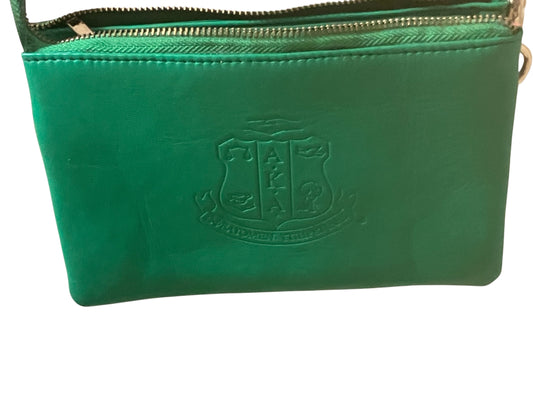 AKA Pink and green front view of leather cross body bag.