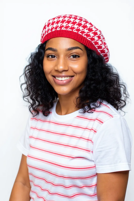 Close-up of a stretchy knit beret in Delta Sigma Theta's colors.