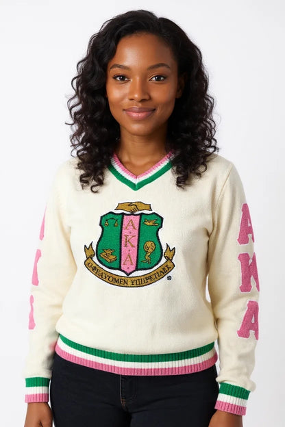 AKA member wearing the Ivory Sorority Sweater with Chenille Crest. 