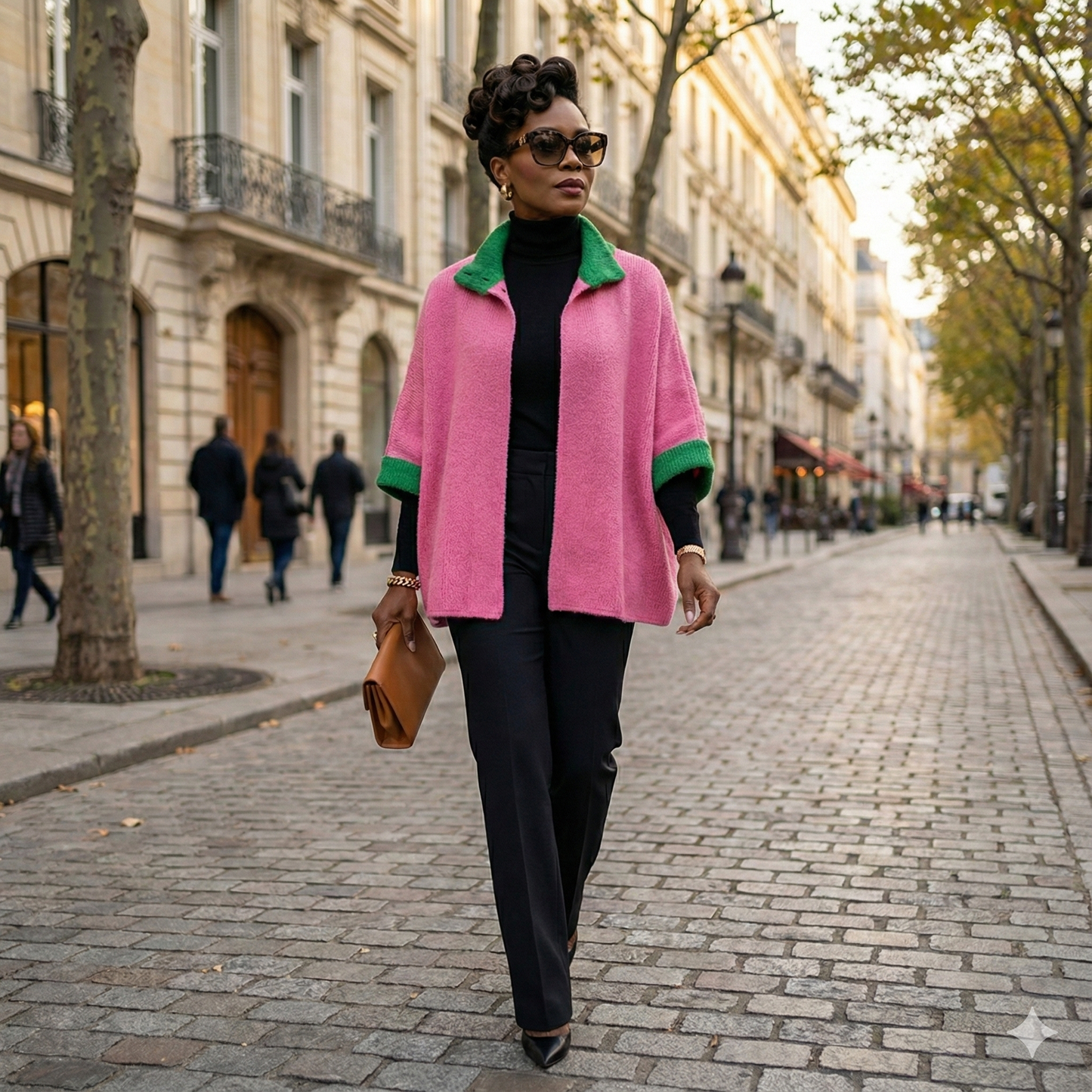 A stylish woman walking down a cobblestone city street wearing a vibrant pink and green high-neck button cape poncho layered over a black turtleneck and trousers, carrying a tan clutch and wearing sunglasses.